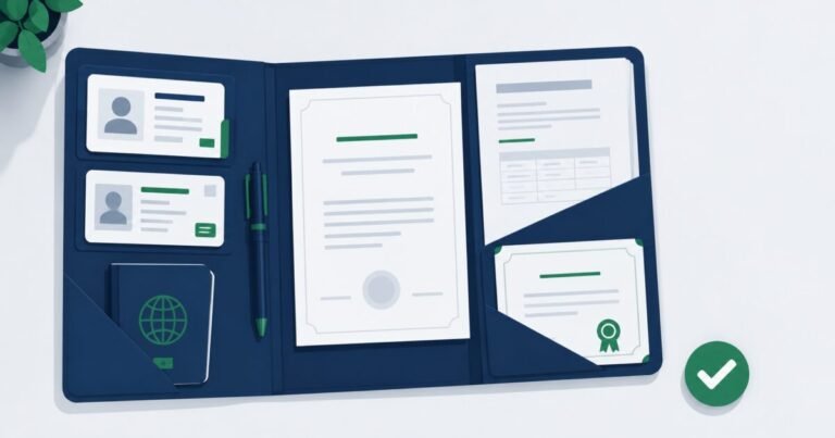 Flat lay of essential Pakistani documents including ID card, certificates and a passport booklet in an organised folder