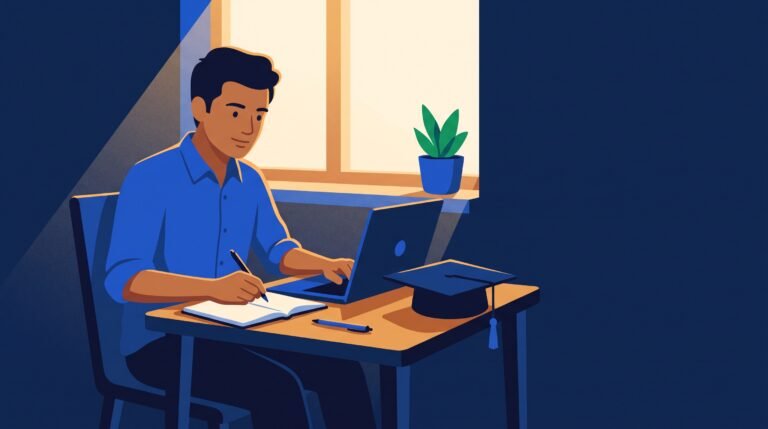 Fresh graduate writing his first CV on a laptop with a graduation cap on the desk