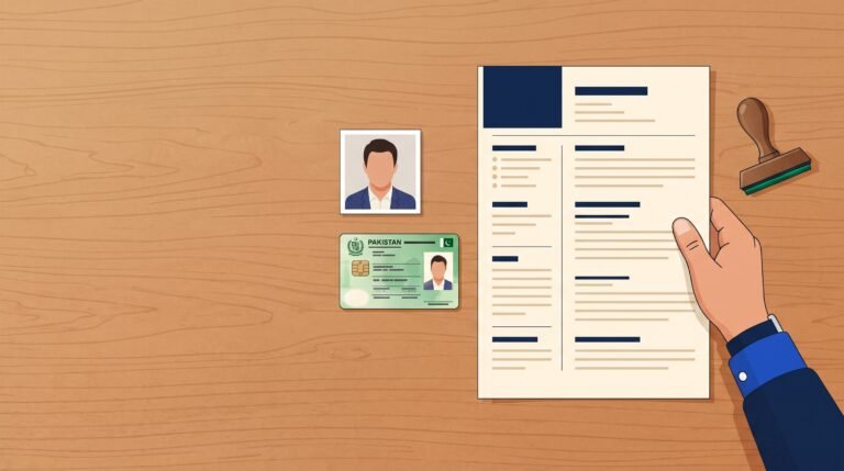 Printed CV, CNIC card and passport photograph on a government office desk