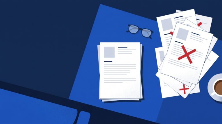 Recruiter desk with two stacks of CVs, one approved and one rejected